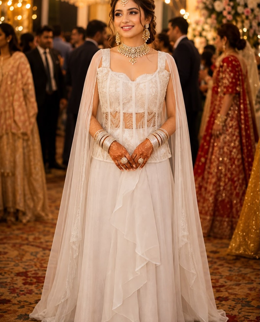 WHITE - Off White Embroidered Work Fandy Readymade Lehenga Choli